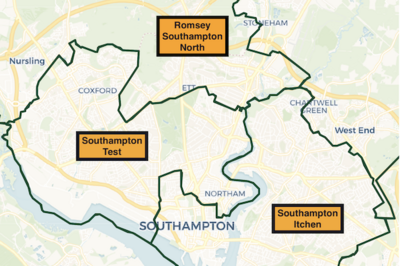 Map of Southampton with the following constituencies labelled: Southampton Test, Southampton Itchen and Ramsey and Southampton North