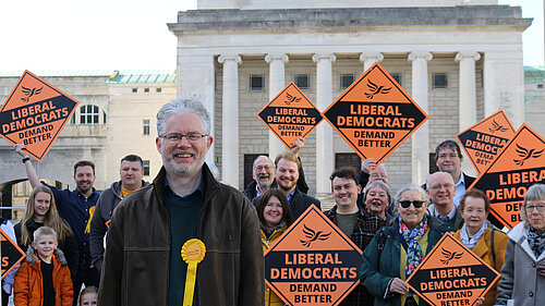 Picture of Richard Blackman and Lib Dem activists in front of the Southampton Civic Centre